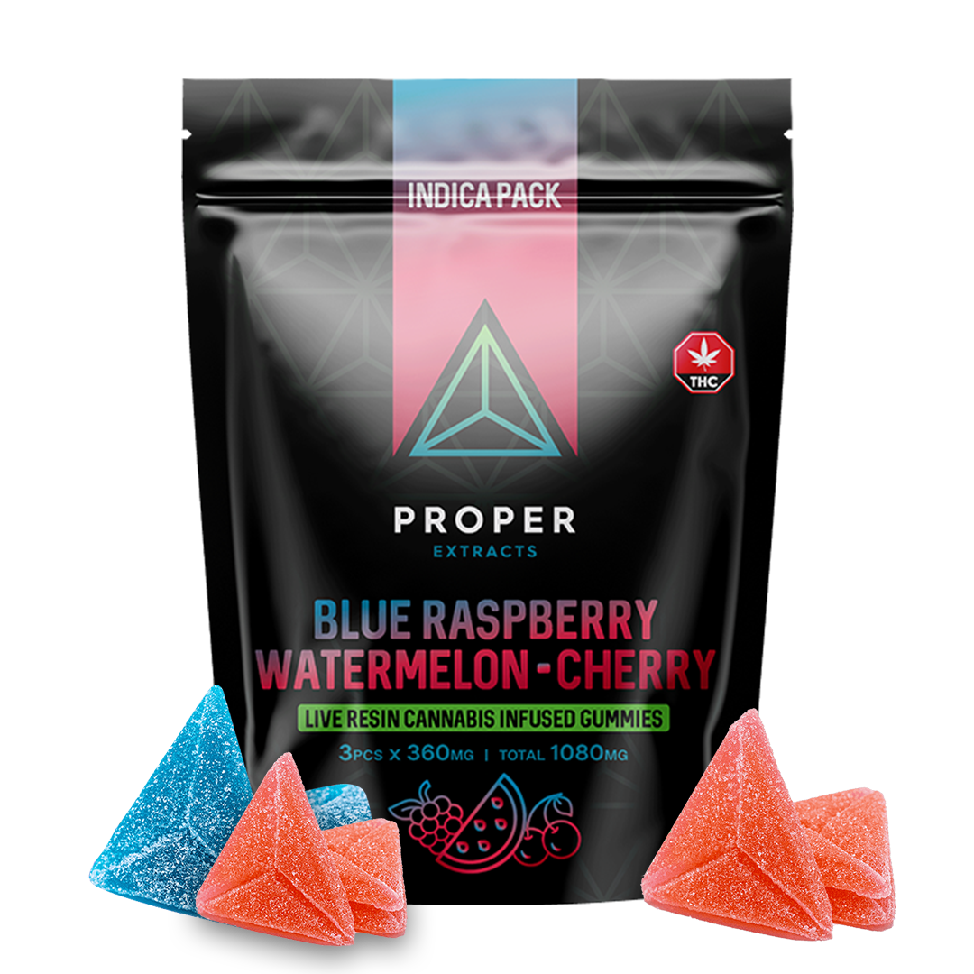 Photographie source: MULTI-FLAVOUR INDICA PACK LIVE RESIN INFUSED GUMMIES BY PROPER