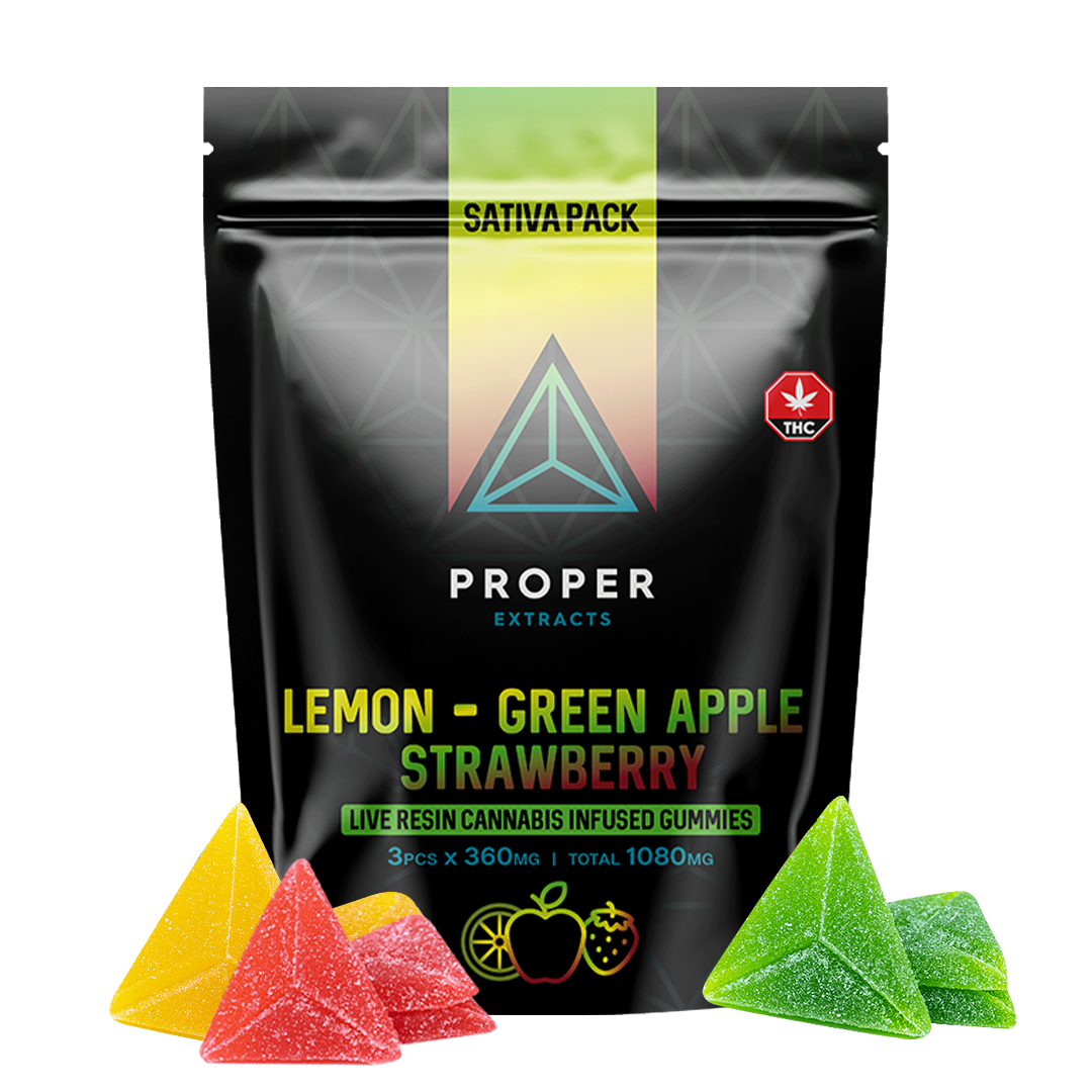 Photographie source: MULTI-FLAVOUR SATIVA PACK LIVE RESIN INFUSED GUMMIES BY PROPER